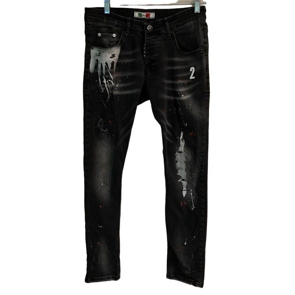 ITALO Original denim ICON Mens 30 distressed splatterpaint buttonfly black jeans